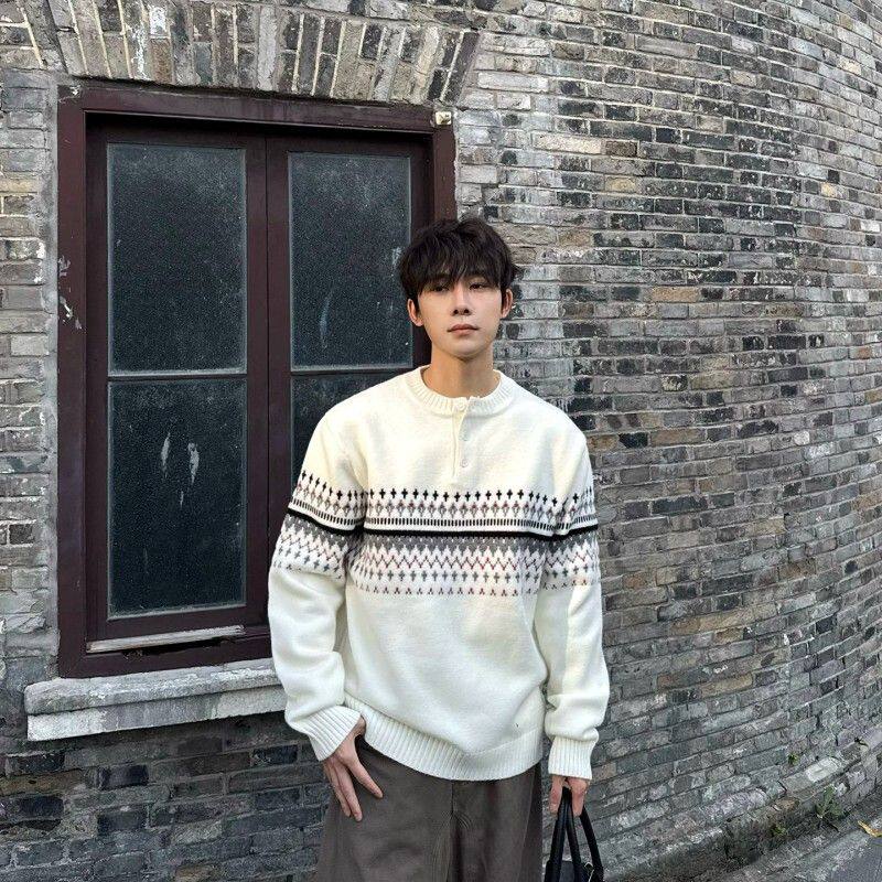 飞型记复古软糯费尔岛亨利领毛衣男慵懒风几何图案加厚保暖针织衫
