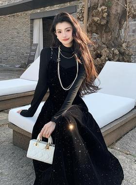 AMNANA黑色显瘦气质名媛宴会星空裙生日礼服裙烫金丝绒吊带连衣裙