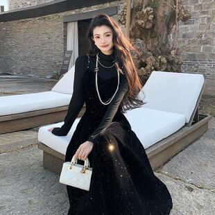 AMNANA黑色显瘦气质名媛宴会星空裙生日礼服裙烫金丝绒吊带连衣裙