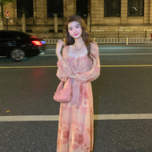 NANA秋冬轻熟风法式 打底方领碎花连衣裙气质显瘦仙女裙长裙子