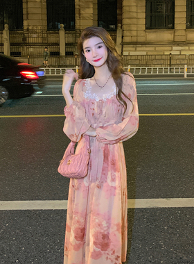 AM NANA秋冬轻熟风法式打底方领碎花连衣裙气质显瘦仙女裙长裙子