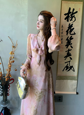 AM NANA秋季法式气质长袖连衣裙初恋仙女裙小个子绝美V领长裙子