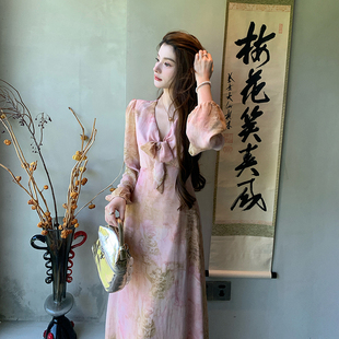 AM NANA秋季法式气质长袖连衣裙初恋仙女裙小个子绝美V领长裙子