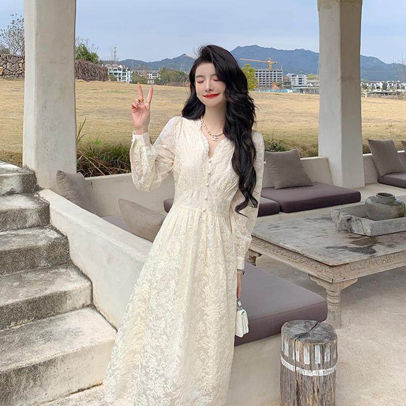 AM NANA秋冬法式蕾丝连衣裙气质V领收腰打底仙女显瘦内搭长裙子,女装/女士精品,连衣裙,淘宝优惠券,粉丝福利购,淘宝优惠卷