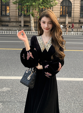 AM NANA法式黑色丝绒连衣裙气质打底绝美仙女裙修身显瘦长裙子