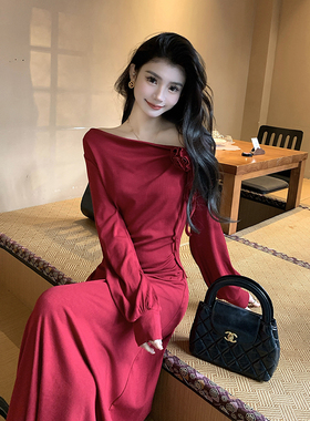 AMNANA法式红色针织连衣裙女一字肩收腰气质优雅仙女裙显瘦长裙子