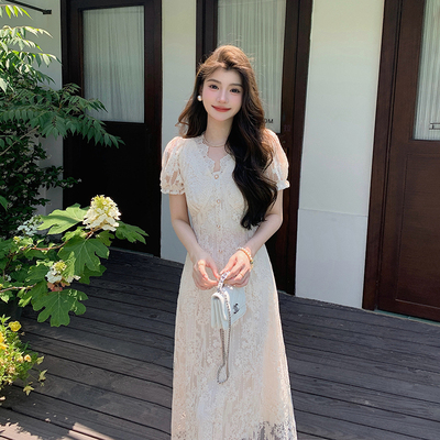 AMNANA法式气质短袖杏色连衣裙