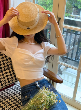 AM NANA◆法式气质短款白色上衣女装纽结短袖显瘦惊艳时尚性感