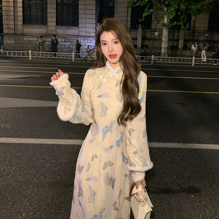 AM NANA新中式改良旗袍连衣裙女打底优雅国风裙气质加绒长裙子冬