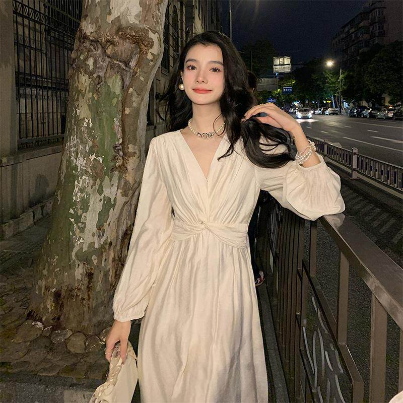 法式浪漫扭结温柔风米杏色仙女裙