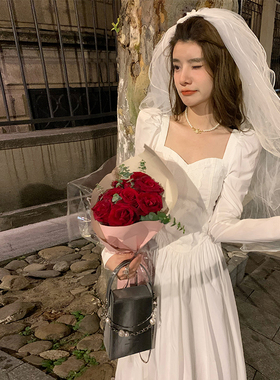 AM NANA气质白色长袖连衣裙女法式显瘦领证仙女裙收腰礼服长裙子