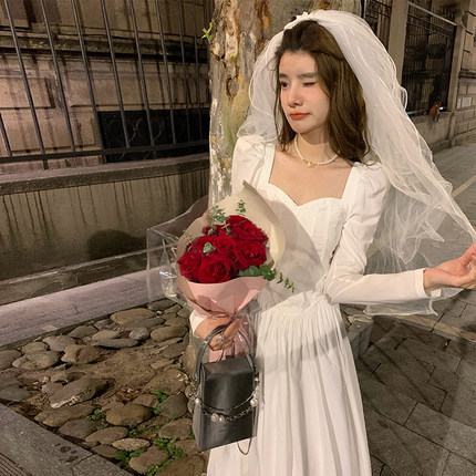 AM NANA气质白色长袖连衣裙女法式显瘦领证仙女裙收腰礼服长裙子