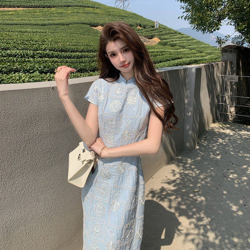 法式复古新中式国风刺绣连衣裙女