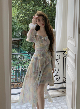 AM NANA法式气质雪纺碎花长袖连衣裙温柔风小个子仙女绝美长裙子