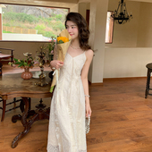 NANA法式 蕾丝吊带连衣裙夏收腰气质漂亮仙女裙性感度假长裙子