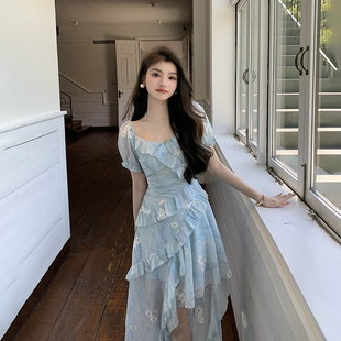 AM NANA法式甜美短袖碎花连衣裙夏显瘦仙女裙小个子漂亮气质长裙