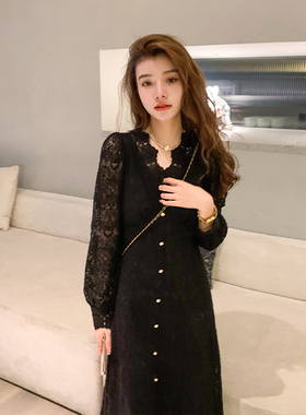 AM NANA秋季小个子减龄小黑裙法式蕾丝气质连衣裙仙女黑色长裙子