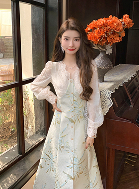 AM NANA气质轻熟国风长袖连衣裙女法式优雅礼服收腰漂亮长裙子