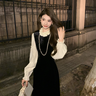 AMNANA法式黑色赫本丝绒连衣裙女长袖轻奢小黑裙修身显瘦长裙子