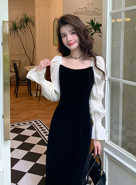 AM NANA法式复古黑色长袖连衣裙女绝美小黑裙气质打底丝绒长裙子