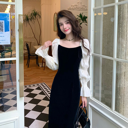 AM NANA法式复古黑色长袖连衣裙女绝美小黑裙气质打底丝绒长裙子