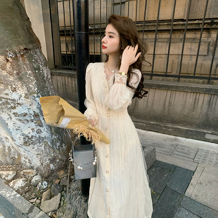 AM NANA◆法式气质长袖连衣裙女漂亮温柔风显瘦仙女裙V领长裙子