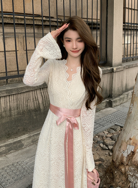 AMNANA法式纯欲V领蕾丝连衣裙女长袖收腰显瘦温柔风甜美长裙子