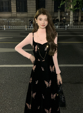 AMNANA法式气质套装轻奢刺绣丝绒吊带连衣裙女高领长袖针织打底衫