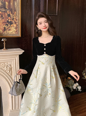 AM NANA法式黑色连衣裙女金丝绒拼接提花礼服优雅气质长裙子女