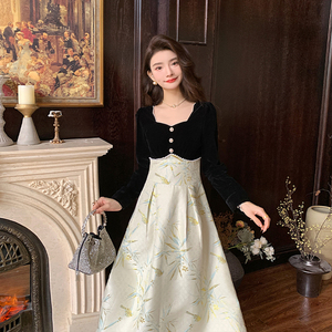 AM NANA法式黑色连衣裙女金丝绒拼接提花礼服优雅气质长裙子女