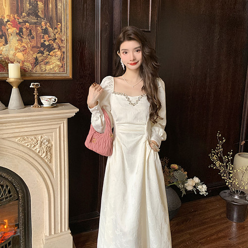 法式A字裙提花纯色钉钻