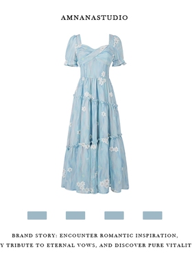 法式方领短袖温柔风蓝色油画茶歇裙海边度假沙滩裙连衣裙