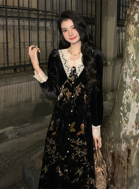 AM NANA 高级感气质V领收腰女装法式复古名媛风情万种丝绒连衣裙