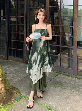 AM NANA性感吊带连衣裙纯欲绿色印花褶皱气质仙女裙显瘦长裙女夏