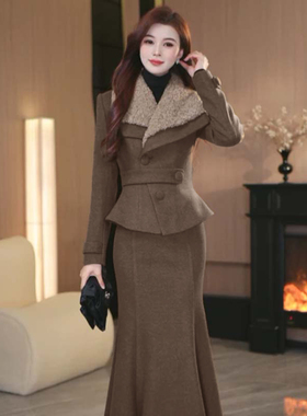 2025秋冬新款有里布收腰气质大翻领上衣+鱼尾裙套装两件套QJ0247