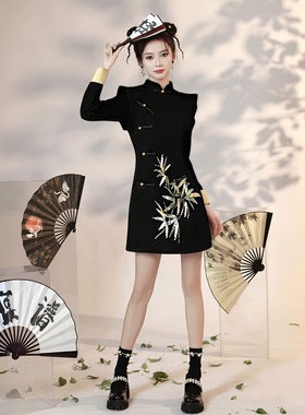 2025秋季新款有里布新中式竹叶设计高级感改良旗袍连衣裙D3887