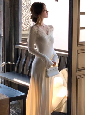 【小四粉丝专享】纯欲温柔风蕾丝连衣裙氛围感气质浪漫长裙D4142