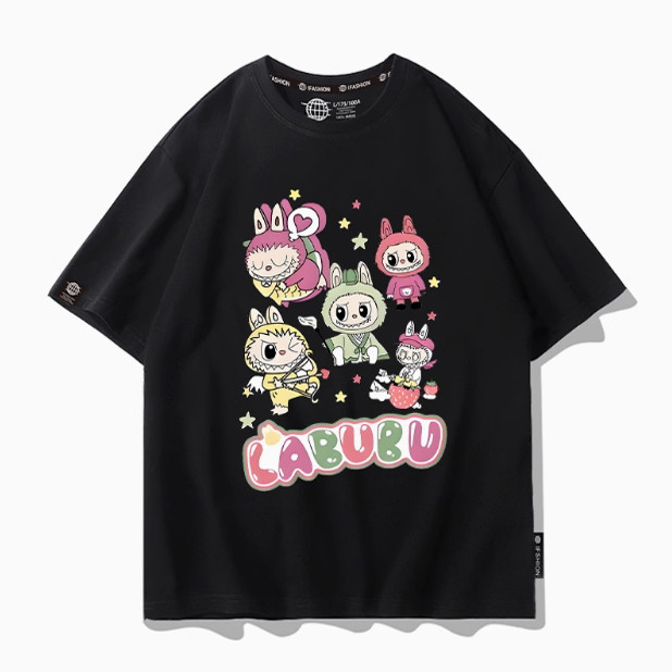 拉布布labubu纯棉短袖卡通亲子装中大童百搭上衣男女T恤情侣衣服