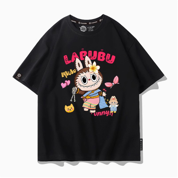 拉布布labubu纯棉短袖卡通亲子装中大童百搭大码男女T恤情侣衣服