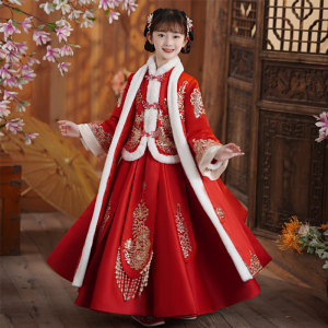 汉服女童冬天套装中大童加绒加厚唐装儿童超仙喜庆古风拜年服秋冬