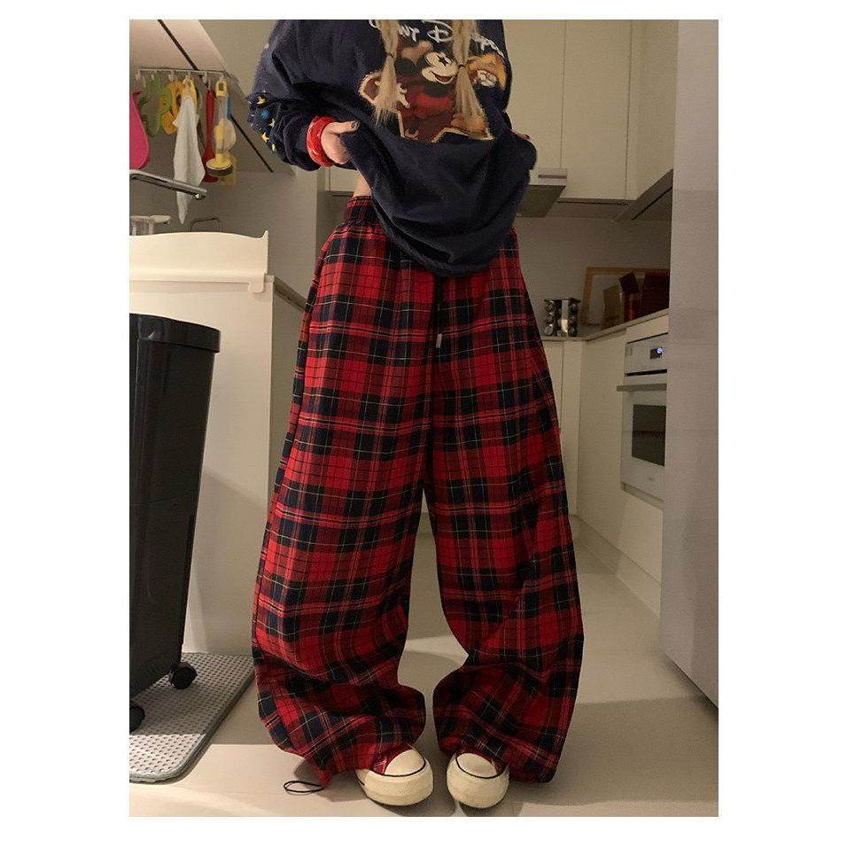 美式复古设计感拼色格子抽绳休闲裤百搭阔腿拖地长裤男女ins嘻哈,女装/女士精品,休闲裤,淘宝优惠券,粉丝福利购,淘宝优惠卷