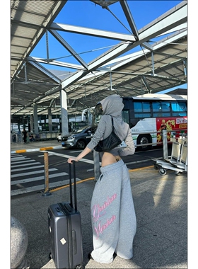 美式灰色休闲卫裤女秋季宽松阔腿运动裤设计感印花垂感弯刀拖地裤