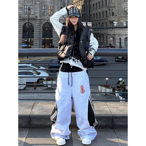 美式街头双腰卫裤女春季新款拼接假两件裤子设计感低腰阔腿休闲裤