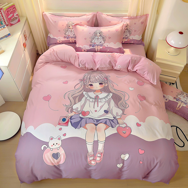 儿童四件套纯棉公主女孩被套家用宾馆单双人宿舍卡通三件套床笠款