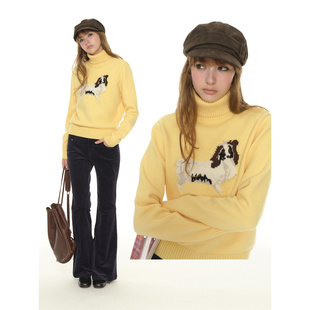 加厚保暖黄色上衣 新款 UNRETRO 羊毛混纺卡通小狗高领毛衣女冬季