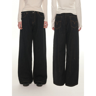 女秋冬低腰百搭弯刀休闲阔腿裤 UNRETRO 原牛色复古直筒窄腿牛仔裤