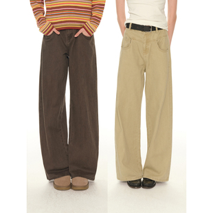 牛仔长裤 女秋冬小个子卡其色工装 纯棉复古棕色直筒休闲裤 UNRETRO