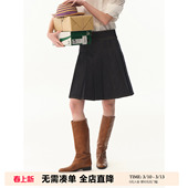 UNRETRO 重磅原色中高腰百褶牛仔裙女复古学院风小个子宽松半身裙