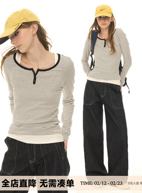UNRETRO 圆领条纹长袖T恤女春秋修身叠穿内搭美式复古打底衫上衣