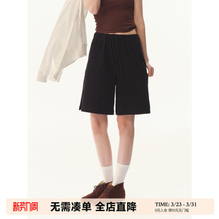 宽松阔腿纯棉卫裤 女夏季 复古松弛感中高腰抽绳五分短裤 UNRETRO